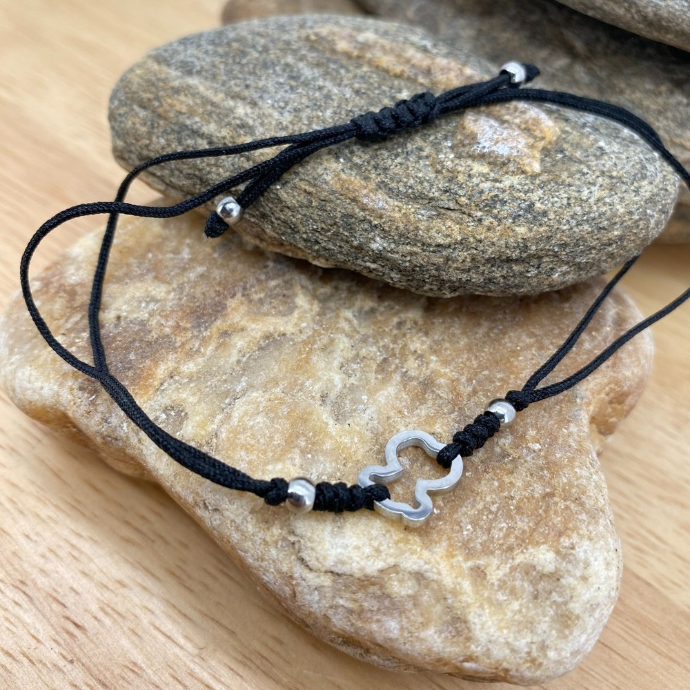 Silver Tone Teddy Bear Bracelet Black Adjustable Rope Cord Charm Bracelet